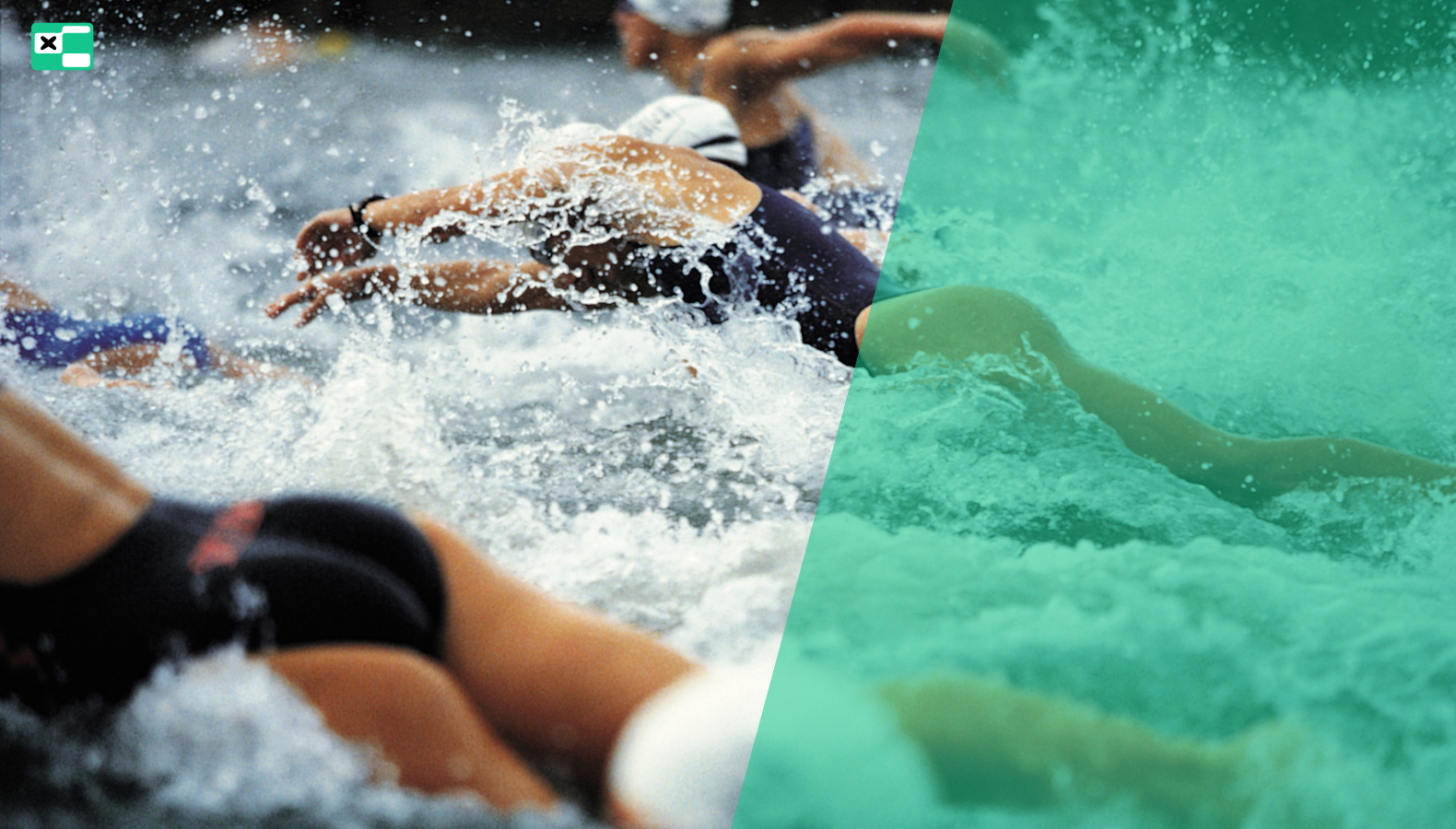 Open water swimmers drafting in a line during a triathlon swim leg