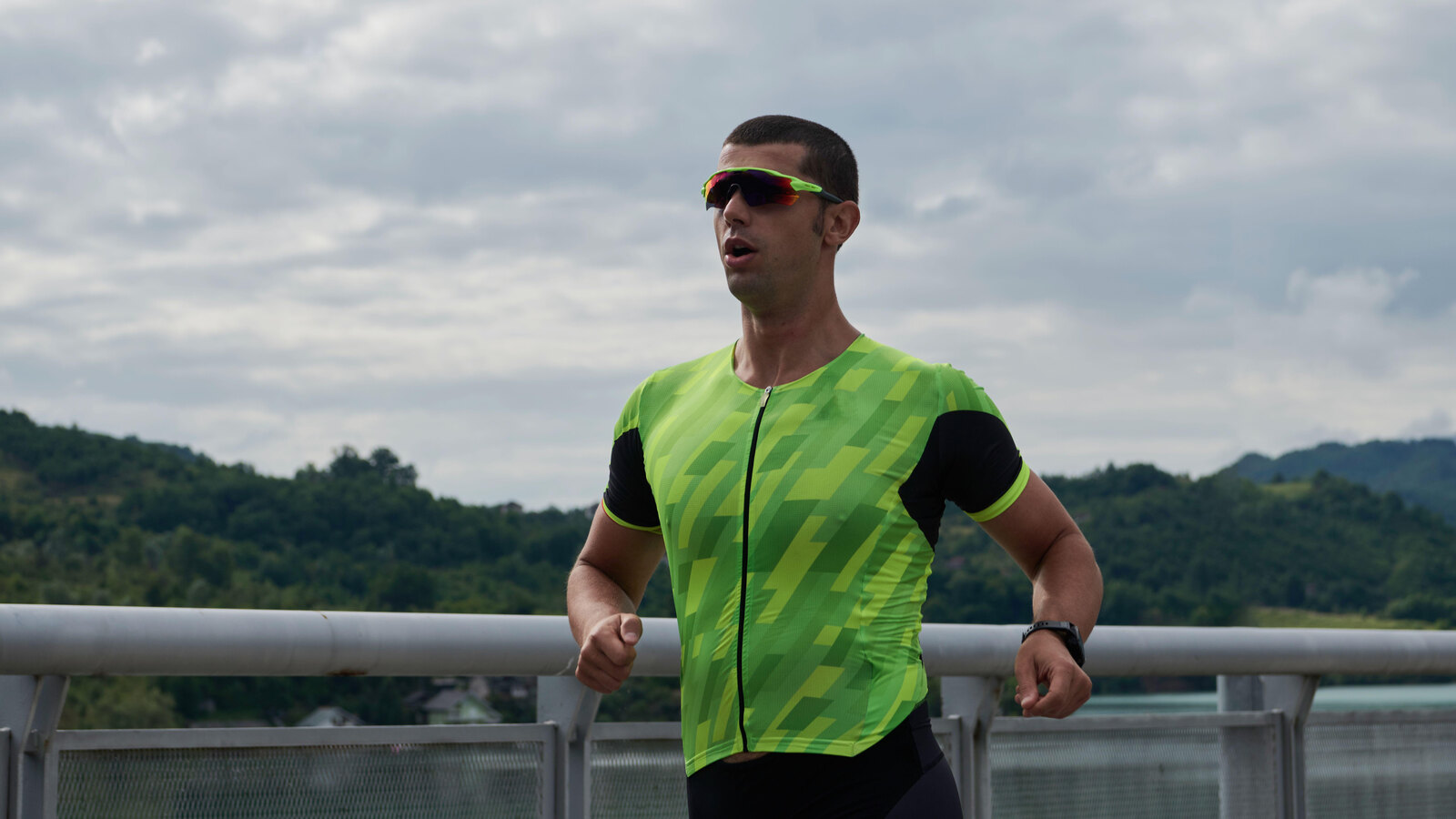 Triathlete on the run leg through city streets