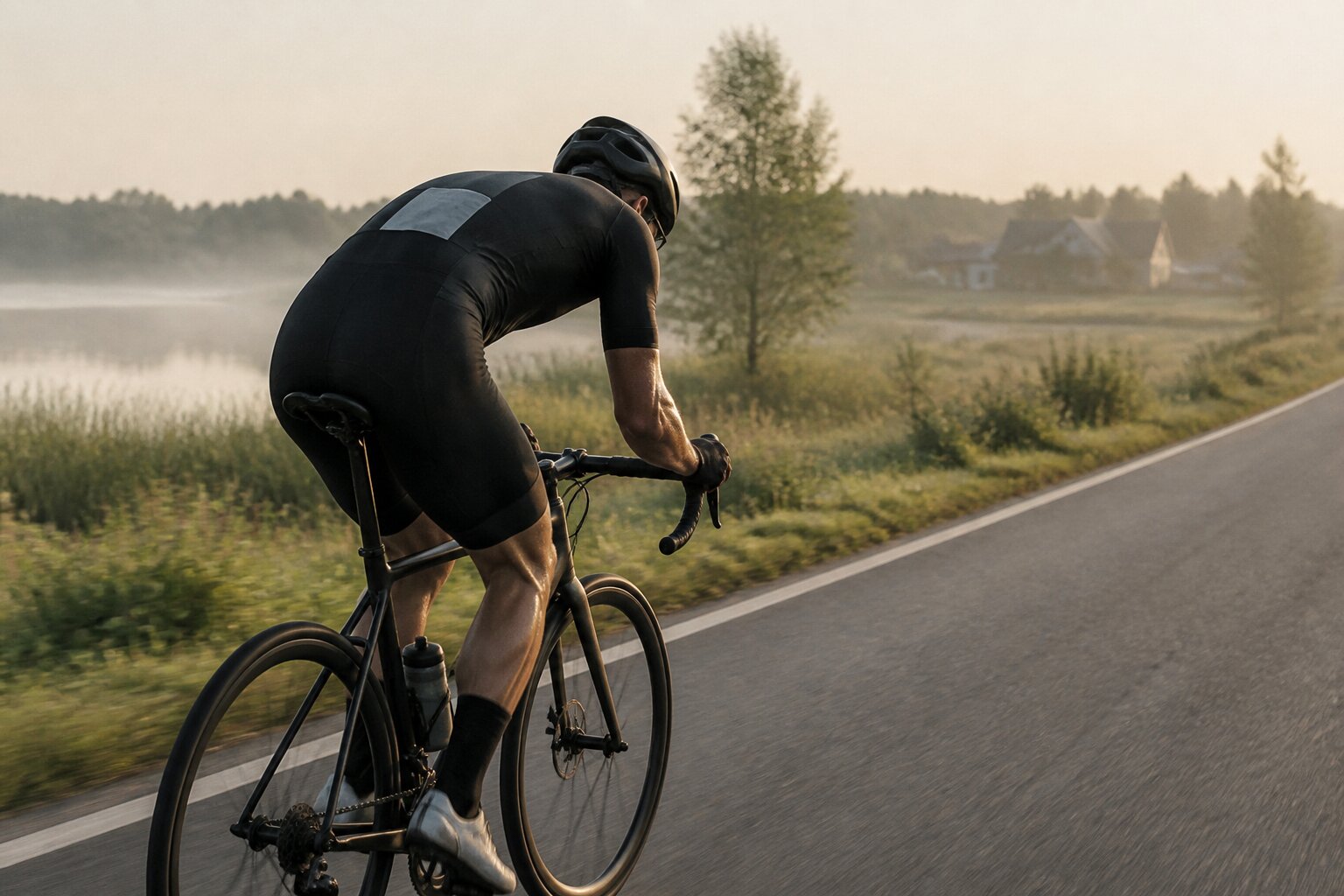 Cyclist riding a road bike on a misty rural road at dawn