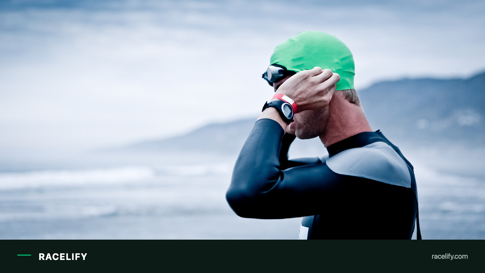 Open water swimmers in cold coastal water