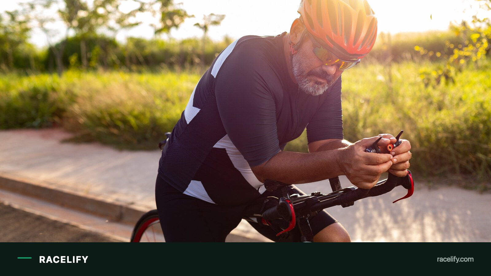 Triathlete tucked low on aerobars