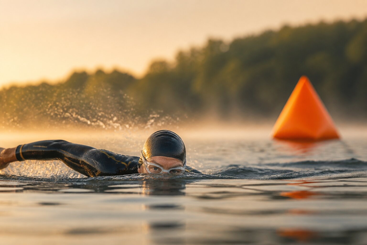 Open water swimmer breathing beside an orange marker buoy