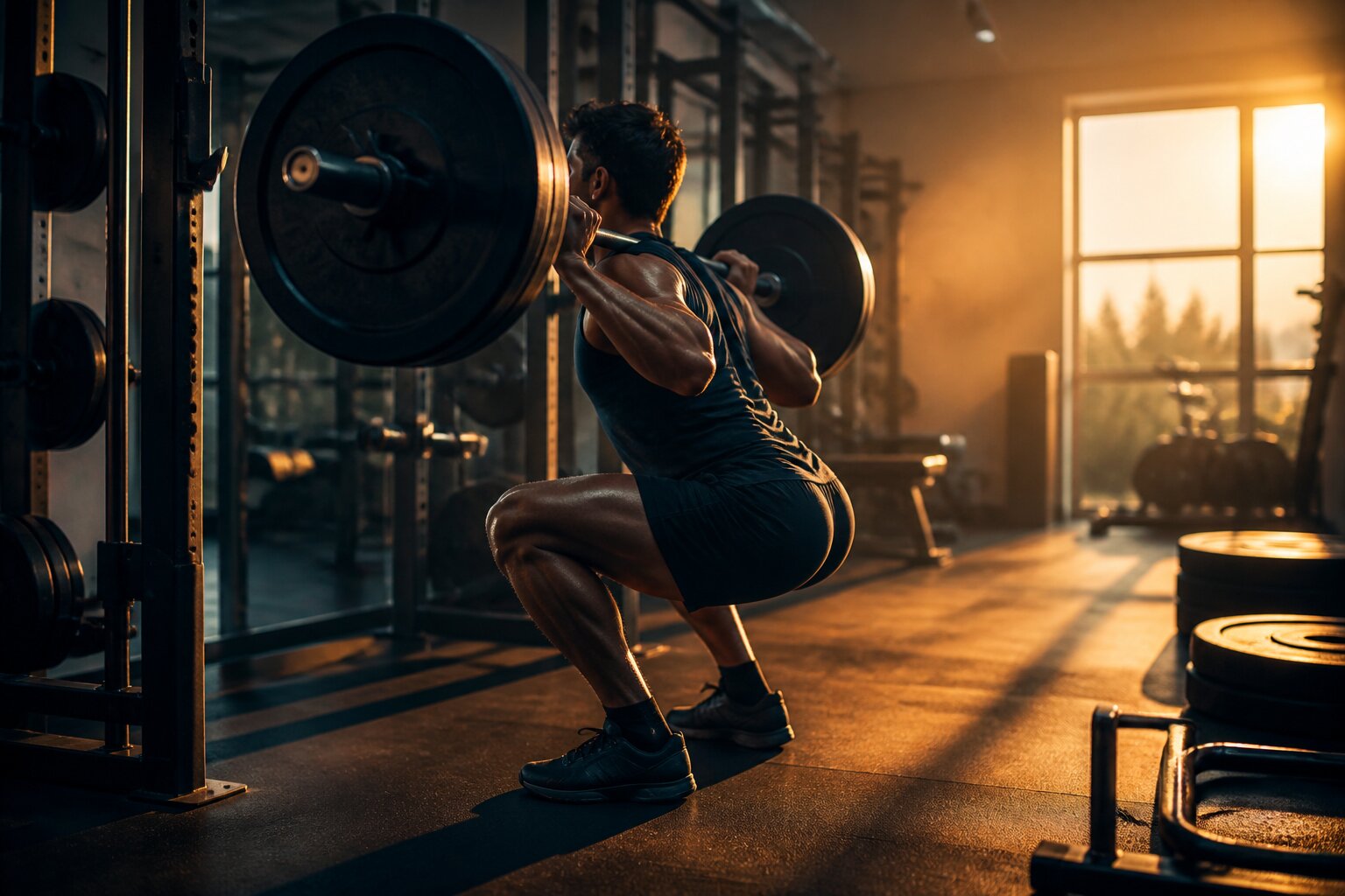 Athlete performing a barbell back squat in a gym at sunset