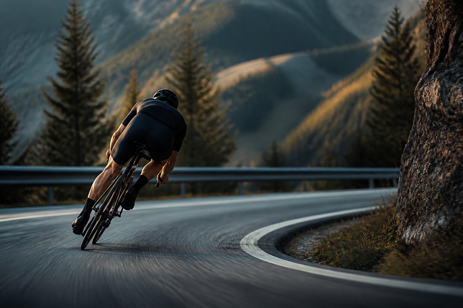 A cyclist leaning into a corner on a road descent